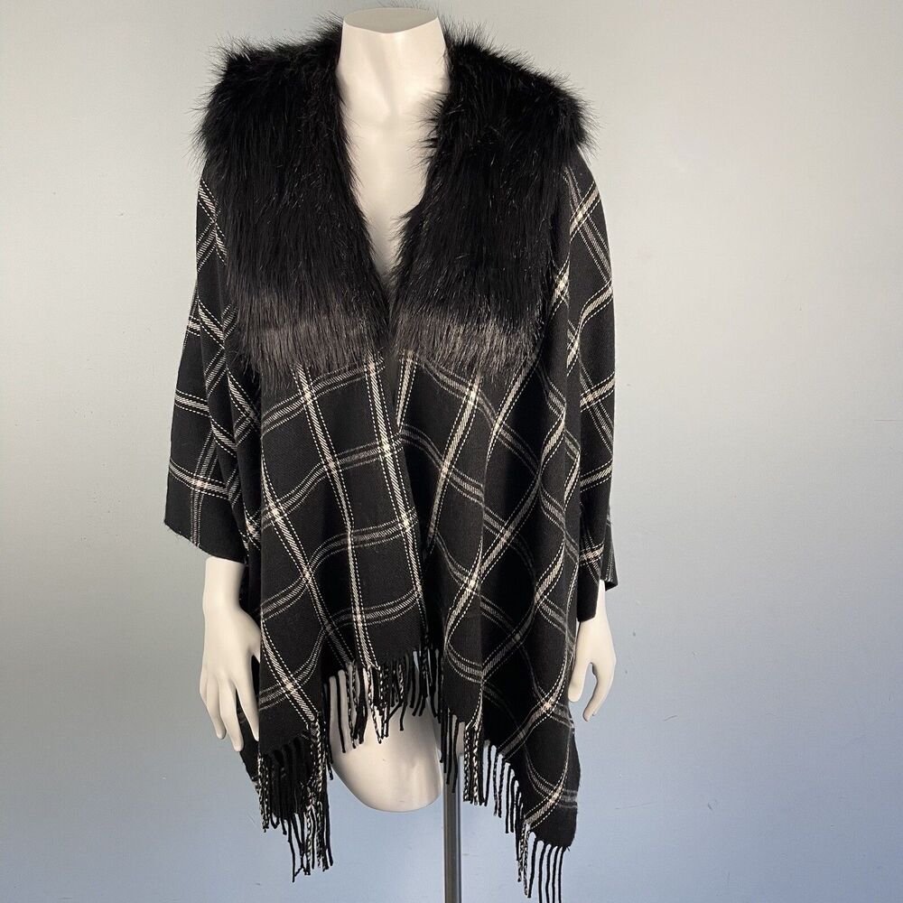 J.Crew Faux Fur‎ Cape Scarf Black Plaid Womens One Size Cozy Luxury Preppy Party